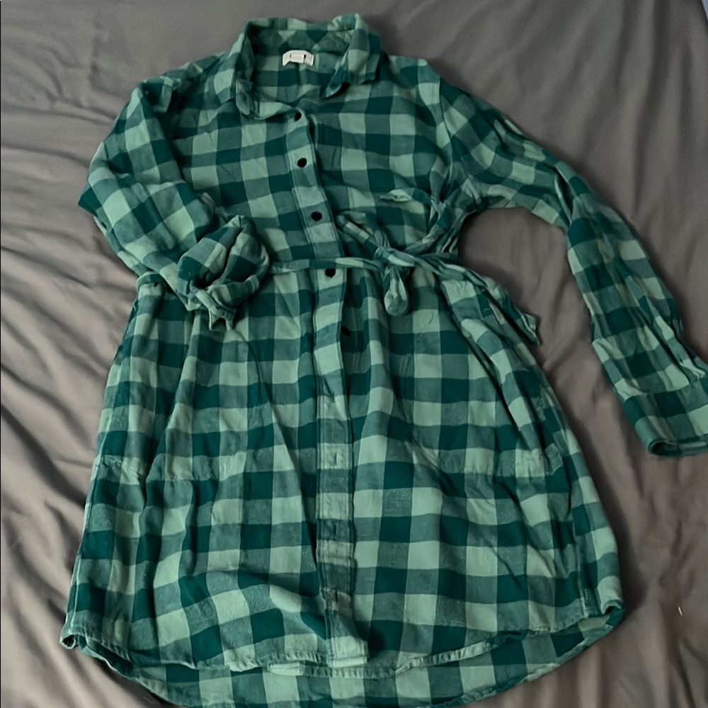 Pact Teal Checkered Shirt Dress